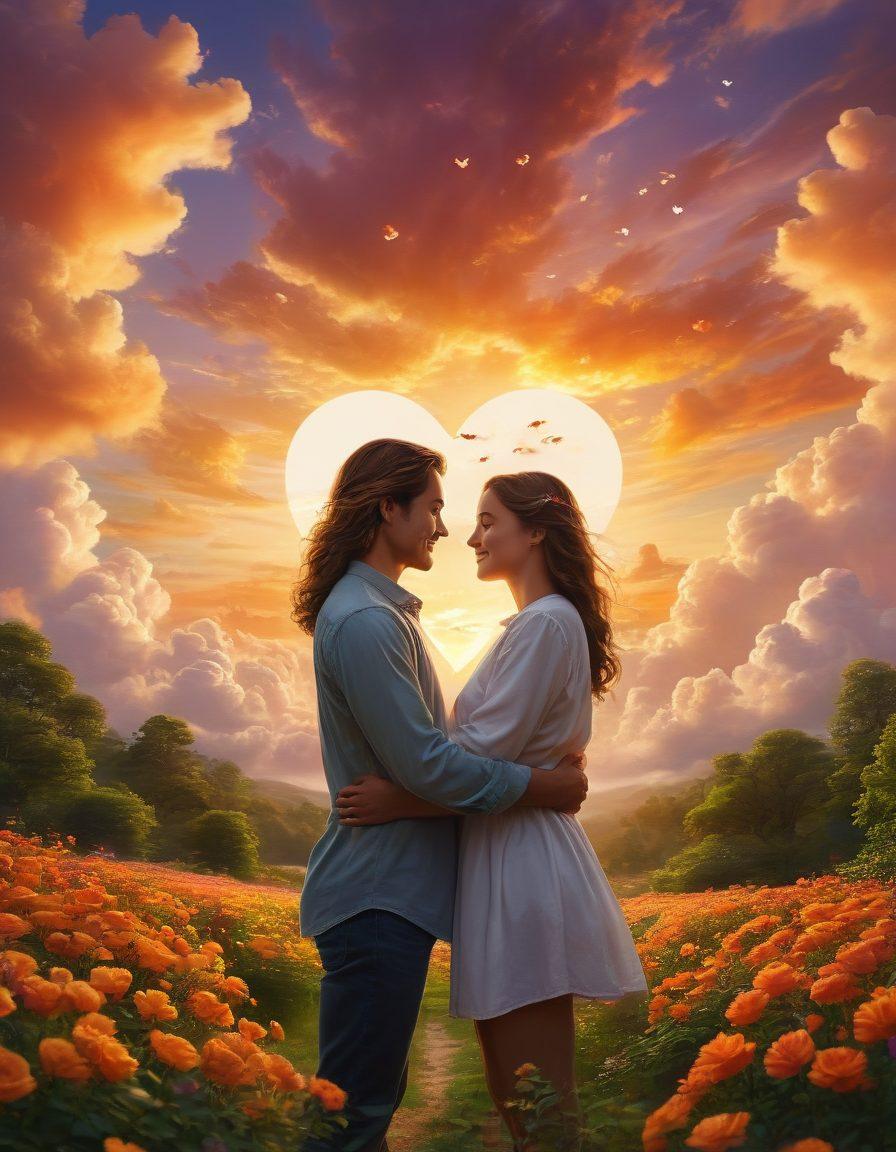 A romantic scene depicting a couple in a serene park, sharing a heartfelt moment with intertwined hands and soft smiles, surrounded by blooming flowers and lush greenery. In the background, a golden sunset casts a warm glow, symbolizing the journey from dating to a lasting relationship. Incorporate subtle heart shapes in the clouds above. vibrant colors. super-realistic.
