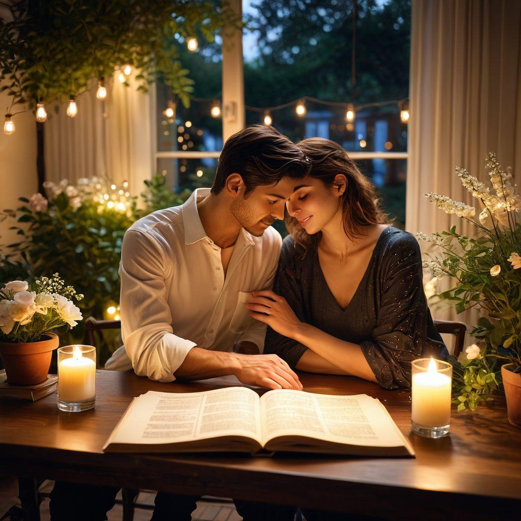 A cozy, intimate setting showcasing a couple seated together, illuminated by soft candlelight, with open books and notes scattered around, symbolizing communication and knowledge. In the background, hints of a blossoming garden reflecting growth and harmony, with intertwined hands symbolizing unity. Super-realistic. Warm tones. Gentle bokeh effect.