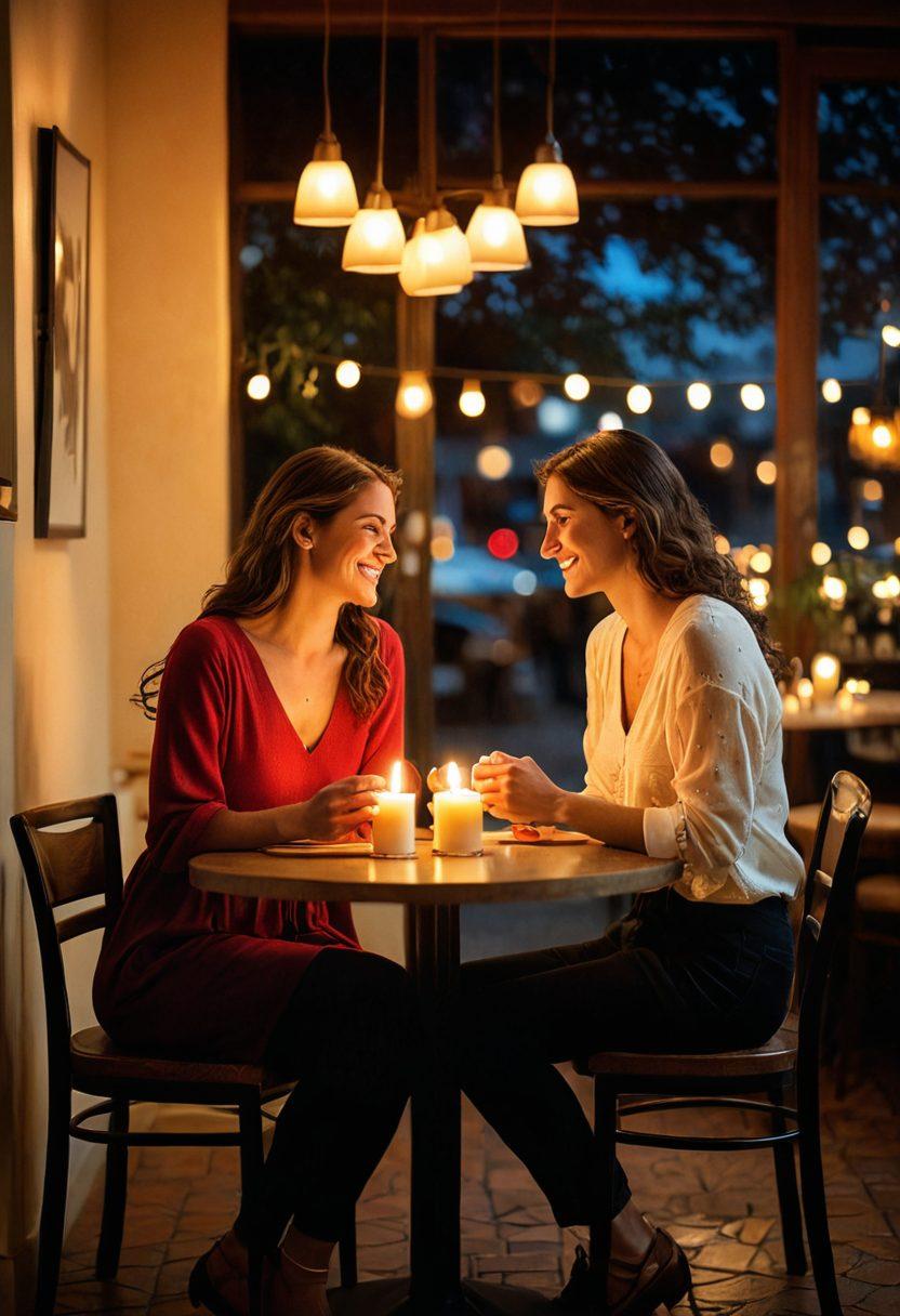 A romantic setting featuring a couple engaged in intimate conversation at a cozy café, surrounded by soft candlelight and heart-shaped decor. The image captures their laughter and connection, symbolizing strategies for enhancing partnership dynamics. Incorporate warm colors, soft focus on the couple, and a dreamy atmosphere. vibrant colors. soft focus.